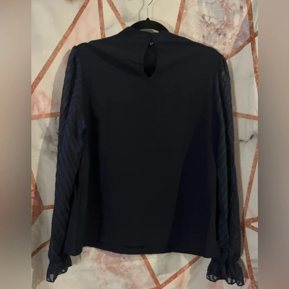SHEIN Navy Blouse with Sheer Sleeves - Picture 8 of 9